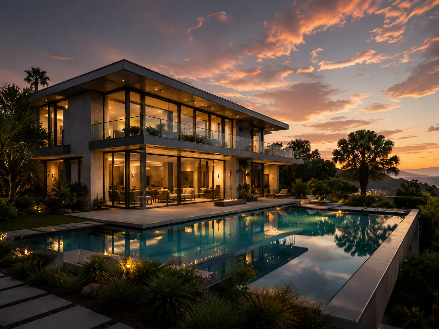 Luxury modern residence at dusk